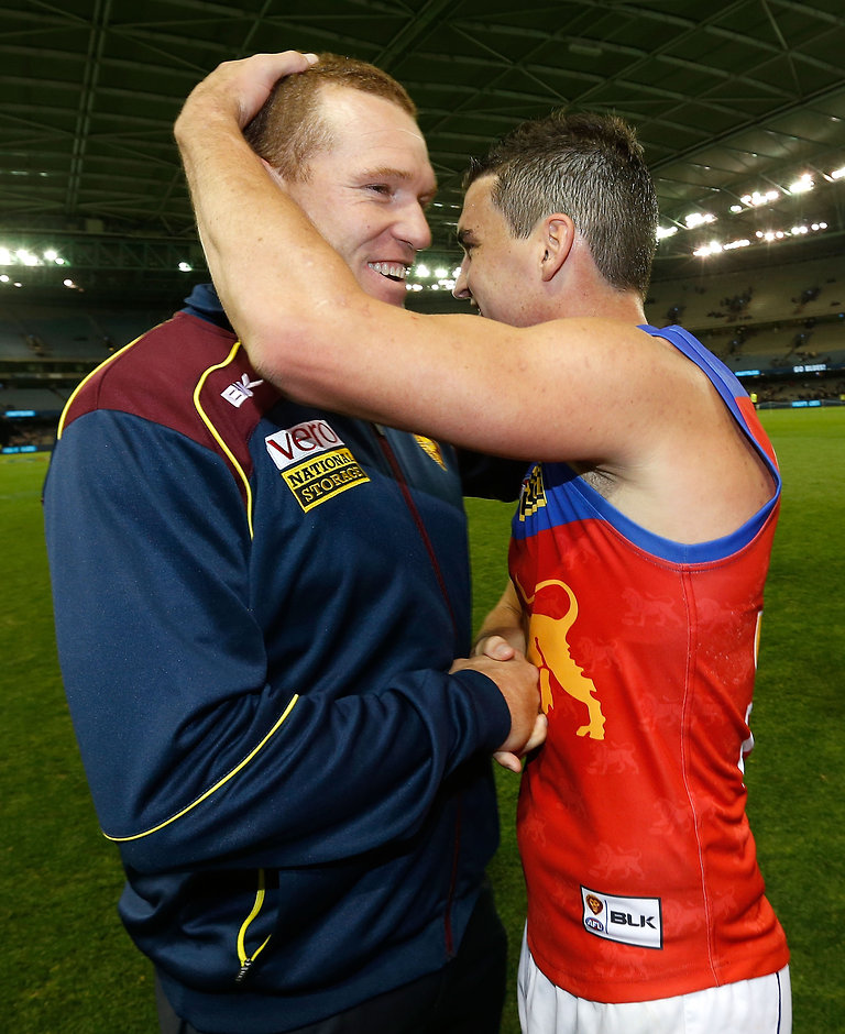 AFL 2015 Rd 06 - Carlton v Brisbane Justin Leppitsch and Tom Rockliff celebrate a win last season - ${keywords}